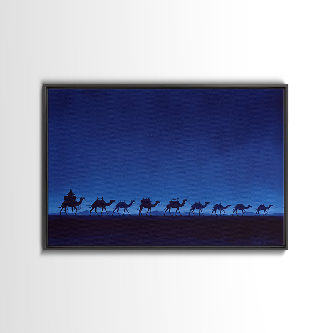 Minimalist Blue Camel Caravan Silhouette Wall Art, African Safari Print, Moroccan Travel Poster, Modern Desert Home Decor