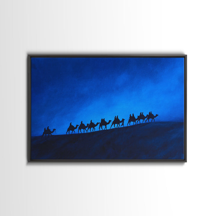 Blue Dune Camel Caravan Silhouette Framed Canvas Print, African Landscape, Sahara Travel Decor, Large Wall Art Prints For Living Room