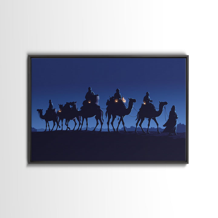 Midnight Camel Riders With Glowing Lanterns Canvas Print, African Safari Art, Blue Wall Decor, Moroccan Travel Gift For Home Decor