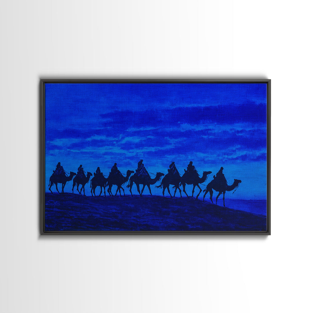 Textured Blue Camel Caravan On Ridge Wall Art, African Landscape Painting, Safari Decor, Boho Bedroom Wall Decor, Unique Home Decor