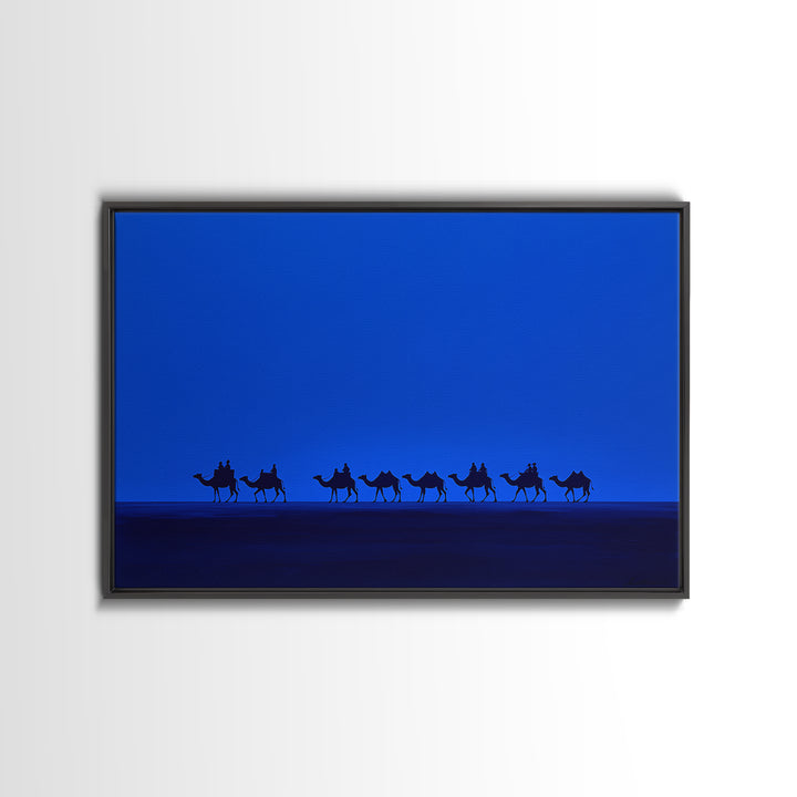 Minimalist Blue Desert Camel Caravan Canvas Print, African Safari Art, Modern Wall Decor, Large Living Room Artwork, Blue Home Decor