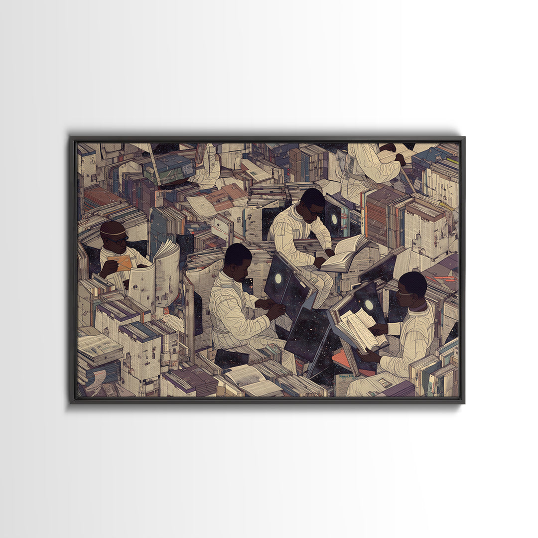 Surreal Black Scholars In Floating Book City Wall Art, Afrofuturism Decor, Black Culture Art, Unique Office Decor, Home Decor Gift