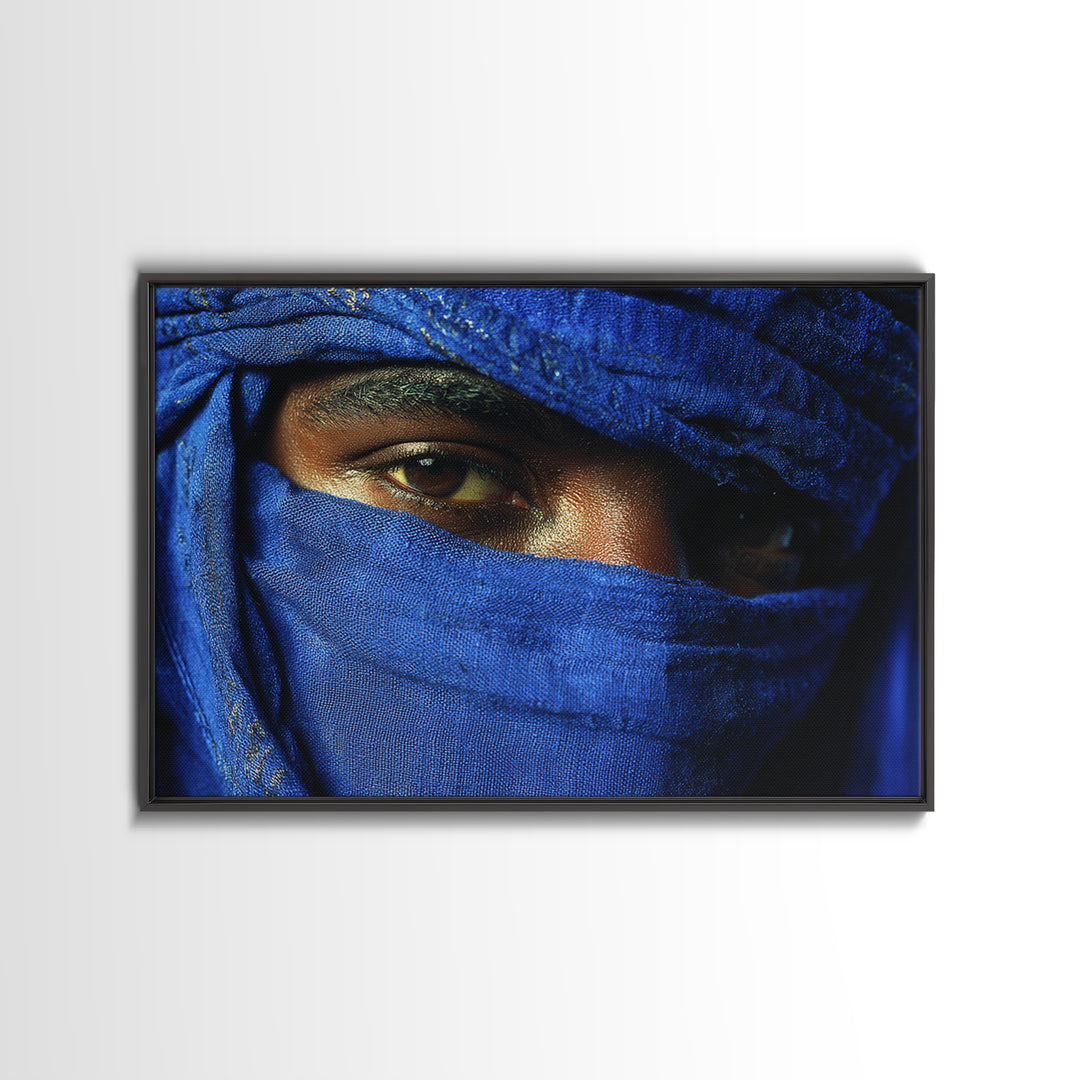 Blue Veiled Tuareg Eyes Portrait Framed Canvas Print, African Portrait, Moroccan Travel Art, Bold Cultural Wall Decor, Gift For Him