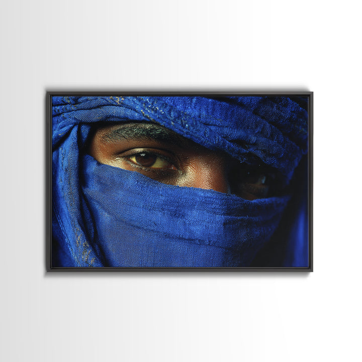 Blue Veiled Tuareg Eyes Portrait Framed Canvas Print, African Portrait, Moroccan Travel Art, Bold Cultural Wall Decor, Gift For Him