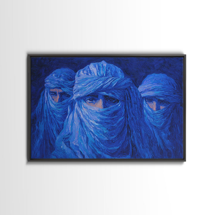 Blue Veiled Desert Nomad Portraits, African Wall Art, Tuareg Inspired Canvas Print, Afrocentric Decor, Bold Blue Gift For Home