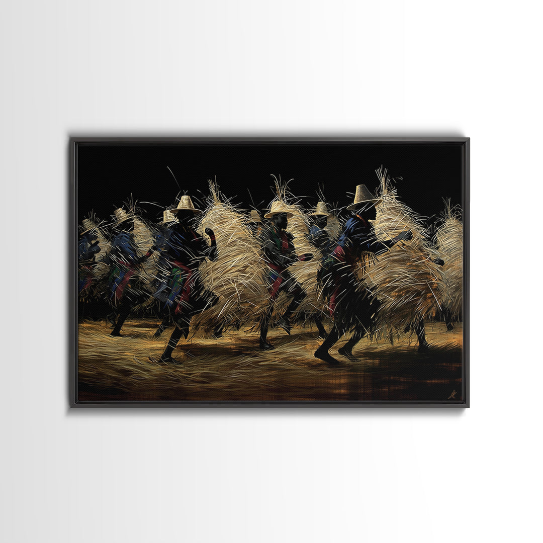 Night Straw Masquerade Dancers Framed Canvas Print, African Tribal Art, Cultural Wall Decor, Black Background Artwork, Gift