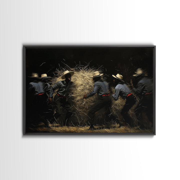 Midnight Harvest Dancers With Straw Wall Art, African Culture Art, Rustic Black Decor, Dynamic Canvas Print Gift For Him
