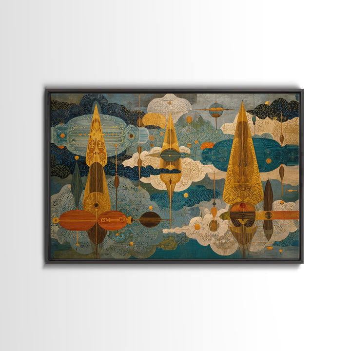 Golden Abstract African Patterned Sky Wall Art, Modern Geometric Canvas Print, African Decor, Boho Cultural Artwork, Home Decor