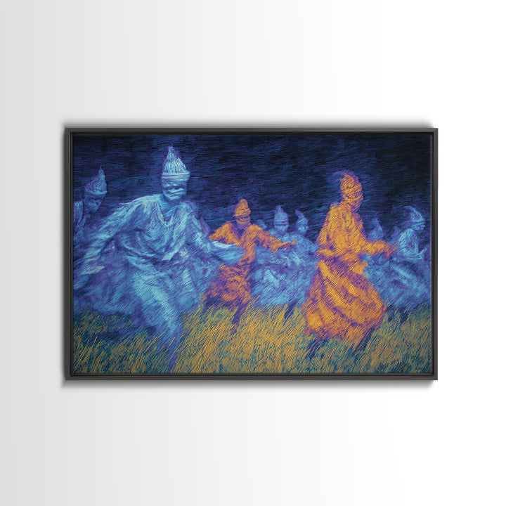 Blue And Orange African Spirit Dancers Wall Art, Cultural Tribal Art Print, Black History Decor, Afrocentric Canvas Print