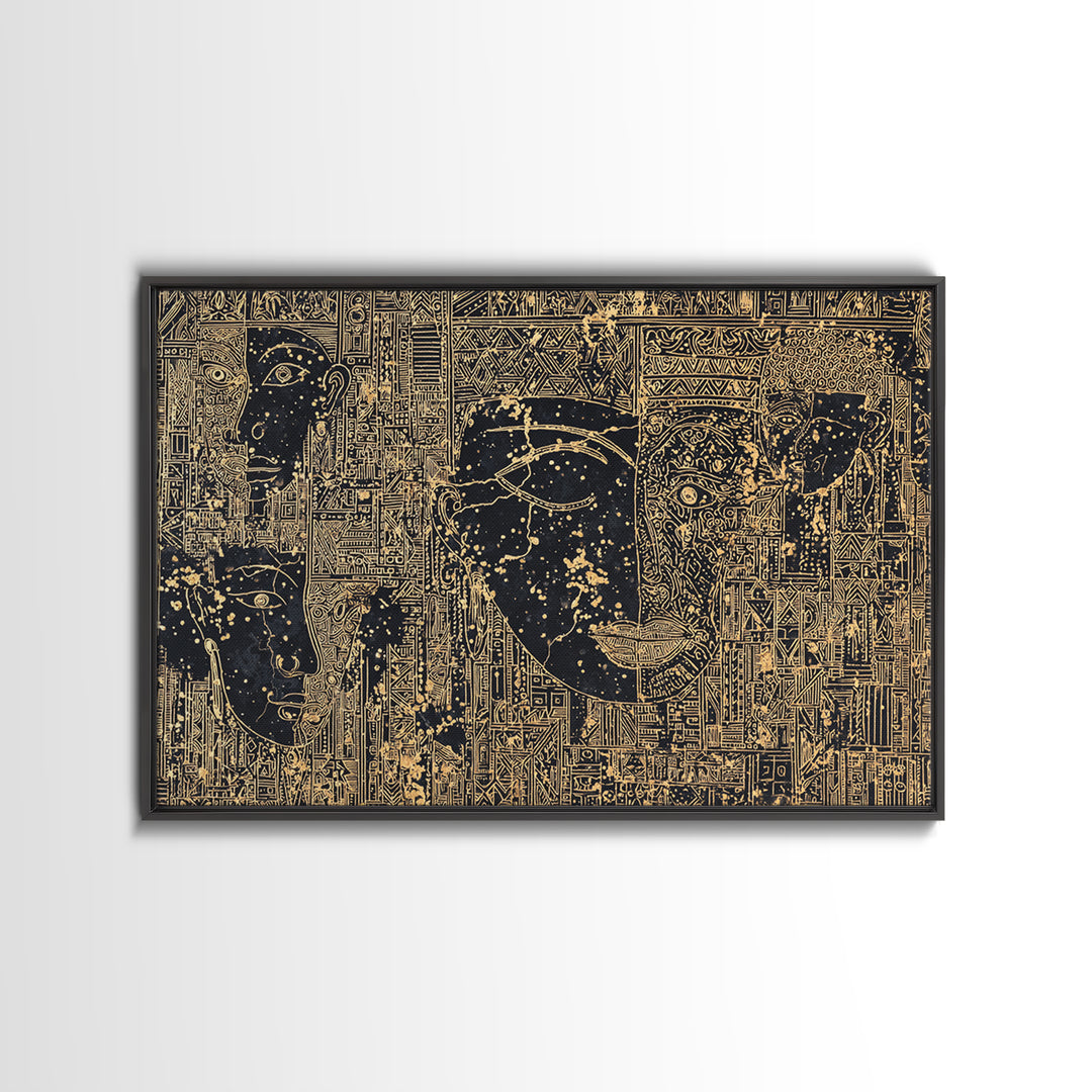 Golden Ancestral Faces And Geometric Tribal Patterns Wall Art, Afrocentric Black Culture Decor, Modern African Canvas Print
