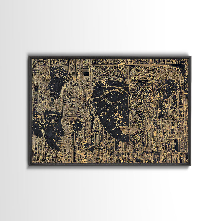 Golden Ancestral Faces And Geometric Tribal Patterns Wall Art, Afrocentric Black Culture Decor, Modern African Canvas Print