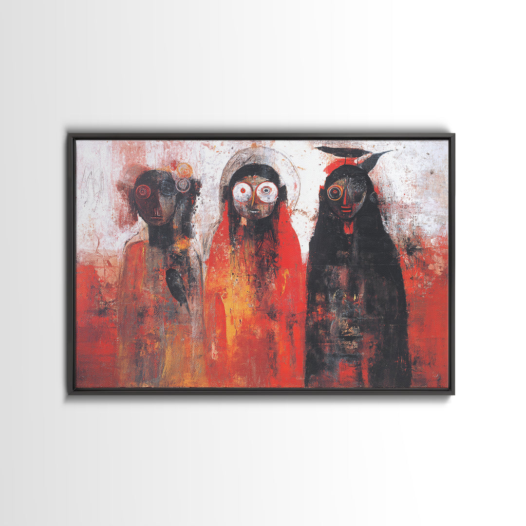 Mystic Three Tribal Figures In Red And Black Abstract Wall Art, African Mask Art Decor, Spiritual Afrocentric Canvas Print