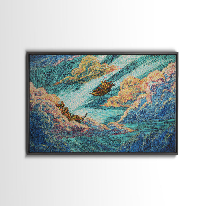 Dreamy Boats Sailing Through Clouds And Turquoise Waves Canvas Print, African Inspired Fantasy Wall Art, Colorful Decor Gift