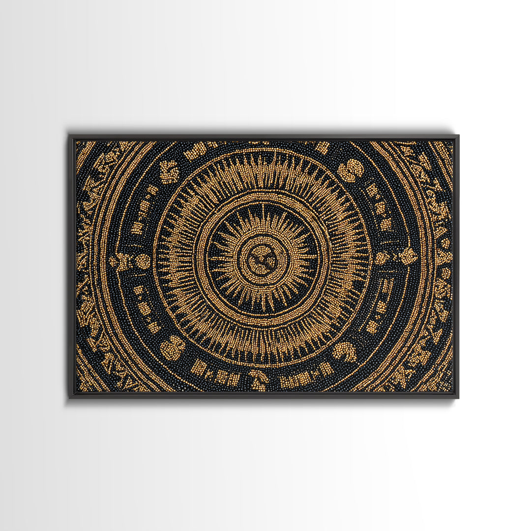 Gold Black African Mandala Bead Pattern Framed Canvas Print, Spiritual Circle Wall Decor, Elegant Ethnic Home Decor Gift