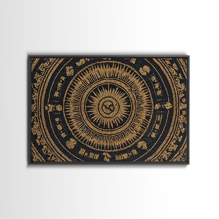 Gold Black African Mandala Bead Pattern Framed Canvas Print, Spiritual Circle Wall Decor, Elegant Ethnic Home Decor Gift