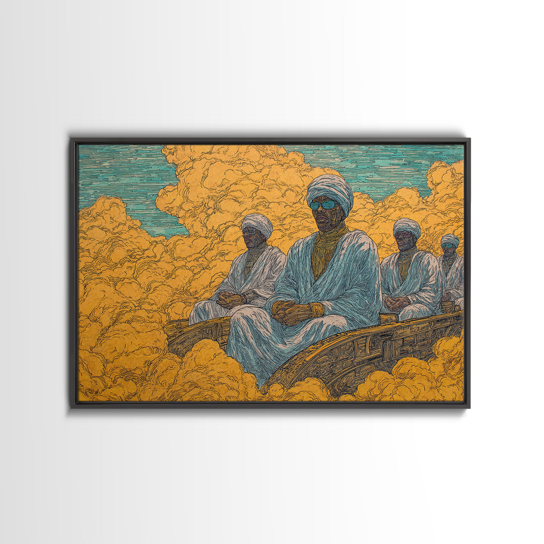 African Men In White Robes On Golden Cloud Canvas Print, Surreal Desert Journey, Cultural Wall Decor, Ethnic Home Decor Gift