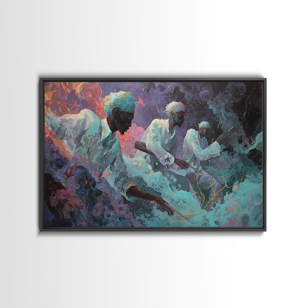 Mystical African Men In White Robes Canvas Print, Dreamy Cosmic Smoke Painting, Spiritual Afrocentric Wall Decor, Home Decor