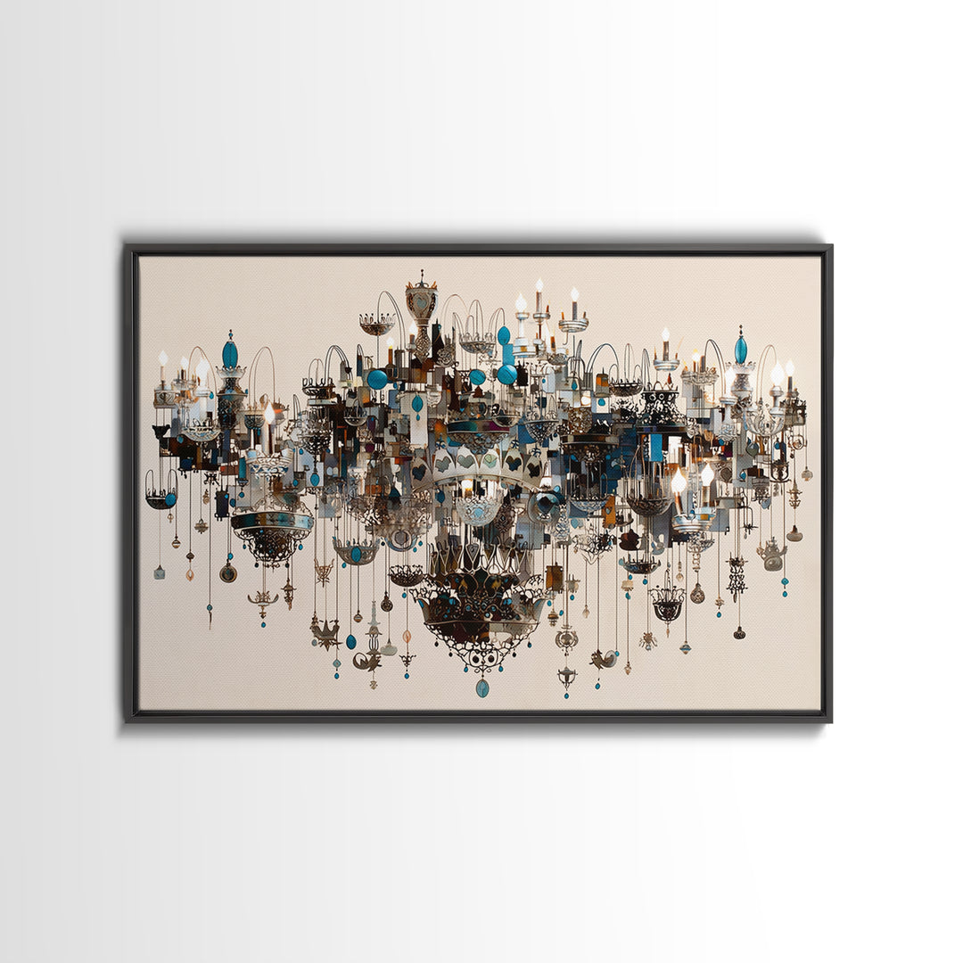 Ornate Blue Jewel Chandelier Framed Canvas Print, Luxury Lighting Wall Decor, Elegant Home Decor, Maximalist Statement Art