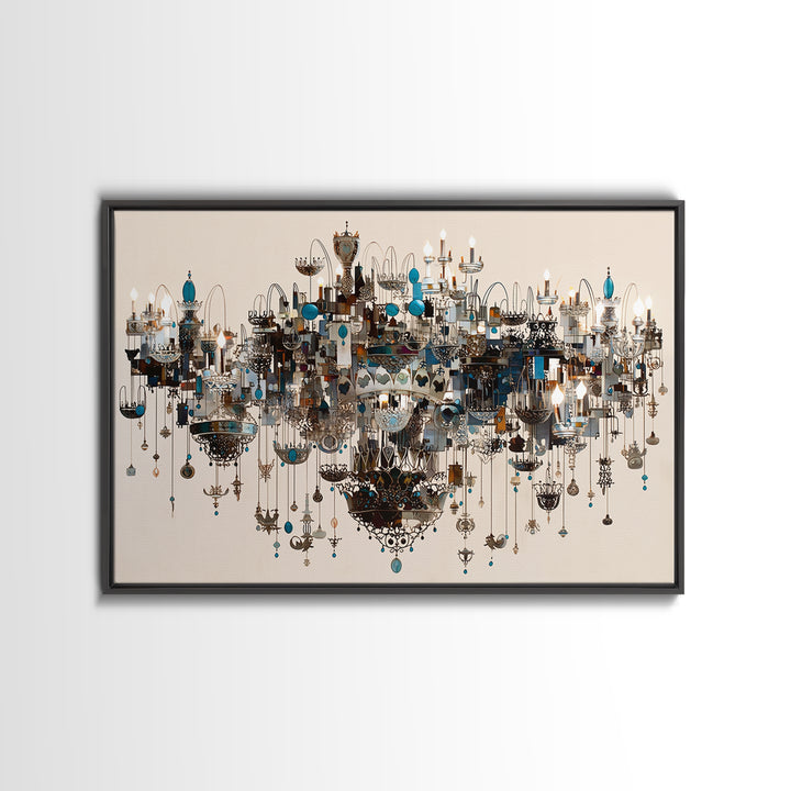 Ornate Blue Jewel Chandelier Framed Canvas Print, Luxury Lighting Wall Decor, Elegant Home Decor, Maximalist Statement Art