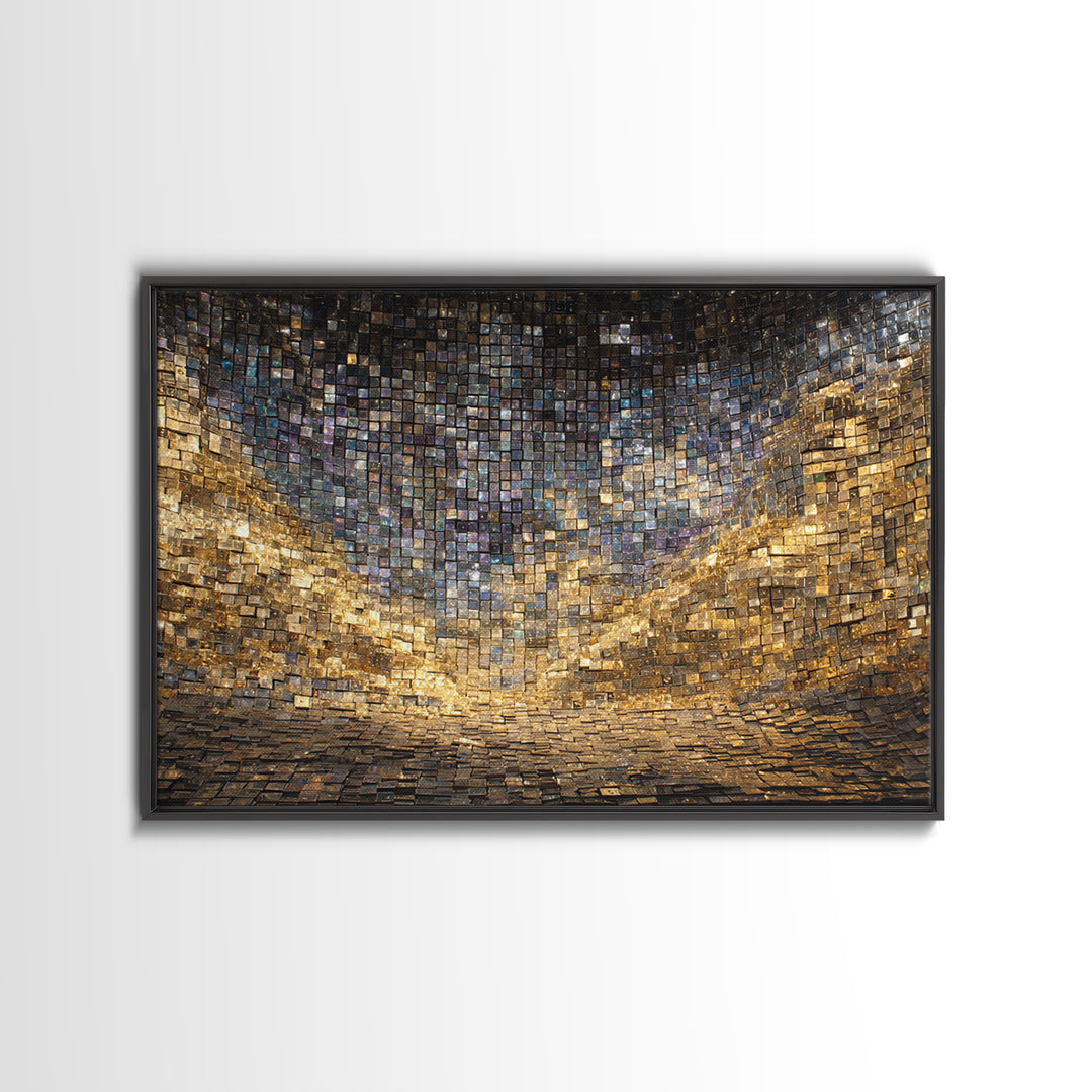 Golden Mosaic Tile Abstract Wall Art, Blue Gold Geometric Canvas Decor, Luxury Textured Art Print, Modern Statement Wall Decor