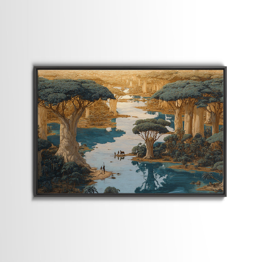 Golden Baobab River Landscape Wall Art, African Safari Decor, Fantasy Nature Scene Art, Earth Tone Canvas Print For Living Room