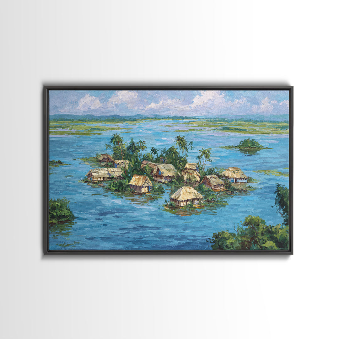 Tropical Island Village Canvas Print, Blue Water Palm Hut Landscape, Africa Inspired Coastal Wall Art, Nature Decor Gift