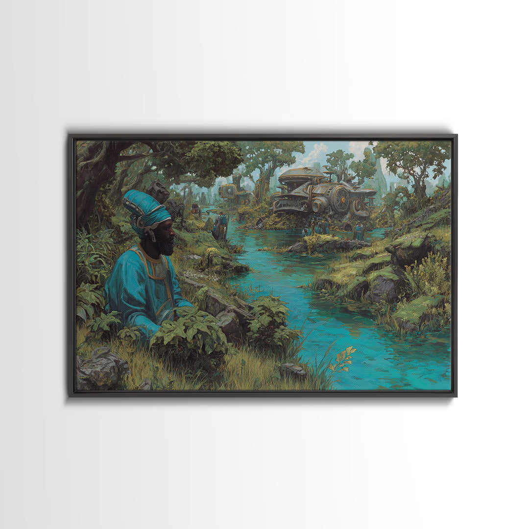 Blue Robed African Man By Jungle River Wall Art, Steampunk Train Landscape, Afrocentric Decor, Modern African Art Print Gift