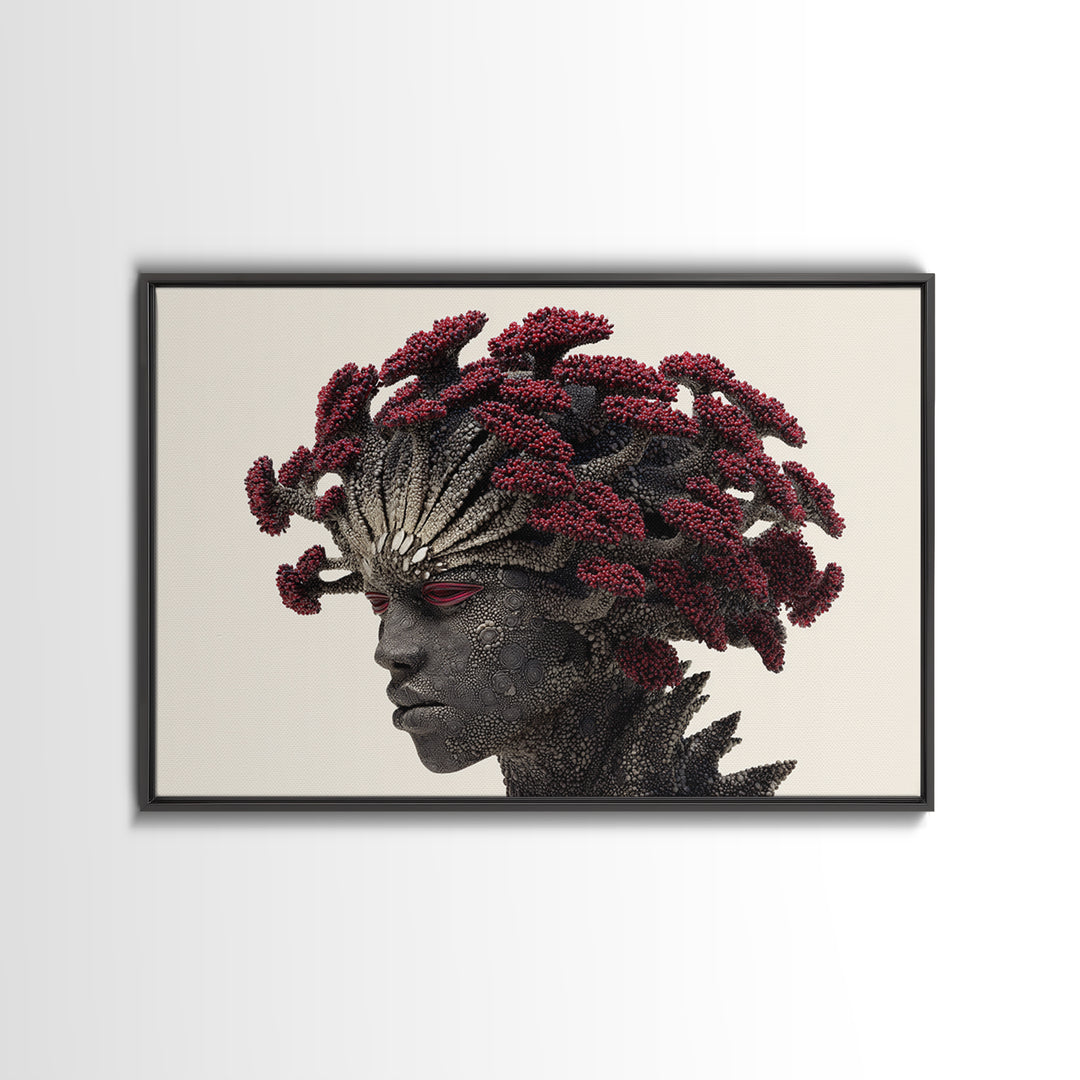 Afrofuturist Woman Portrait Wall Art, Red Coral Hair Canvas Print, Black Goddess Decor, Bold African Beauty Gift For Her