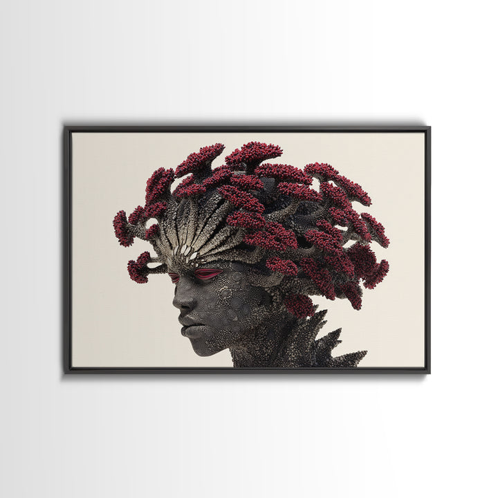 Afrofuturist Woman Portrait Wall Art, Red Coral Hair Canvas Print, Black Goddess Decor, Bold African Beauty Gift For Her