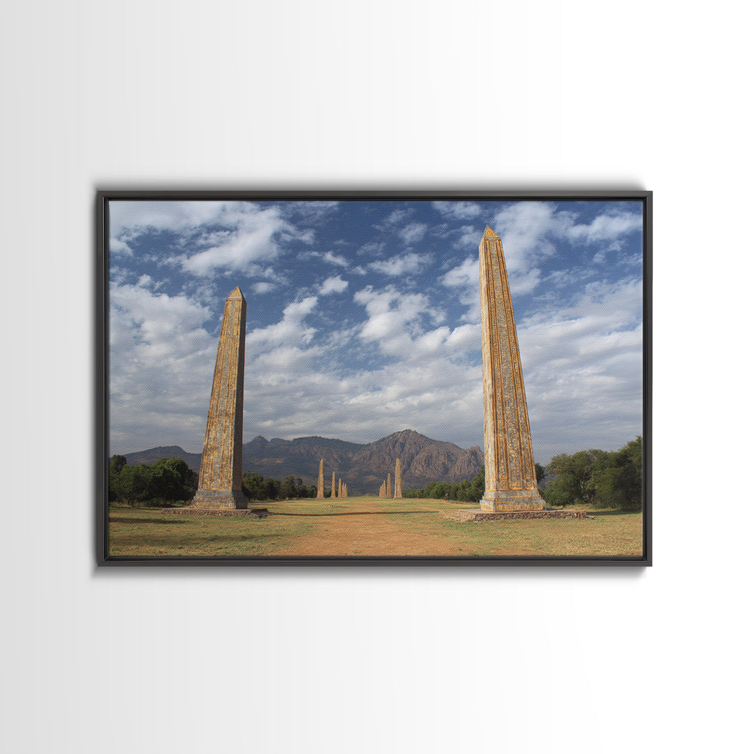 Ancient African Obelisks Wall Art, Monument Landscape Canvas Print, Ethiopia Inspired Travel Decor, Cultural Home Art Gift