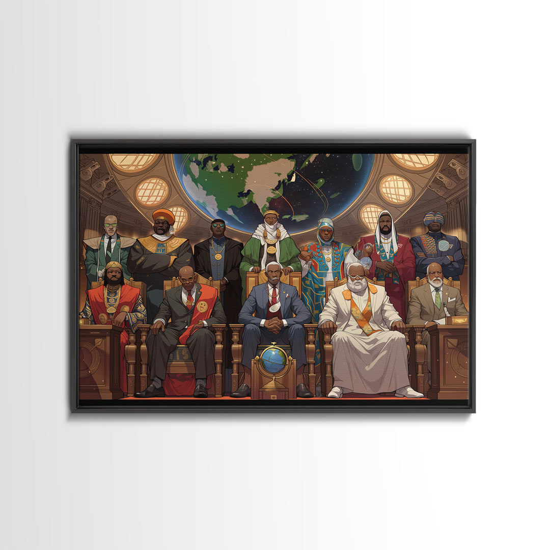 Afrofuturist African Council Portrait Canvas Print, Black Leaders, African American Art, Afrocentric Cultural Wall Decor