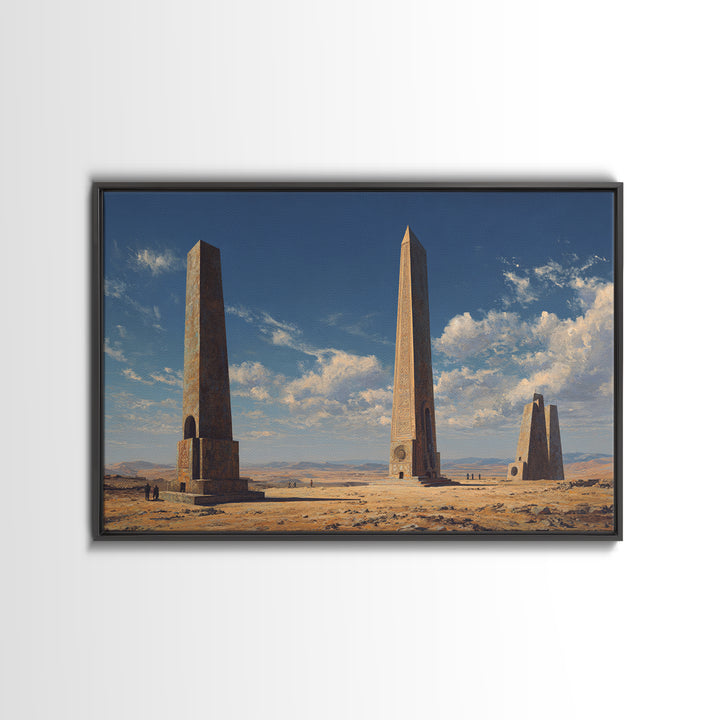 Desert Monument Obelisks Framed Canvas Print, African Landscape, Ancient African Art, Sahara Home Wall Decor, Travel Gift