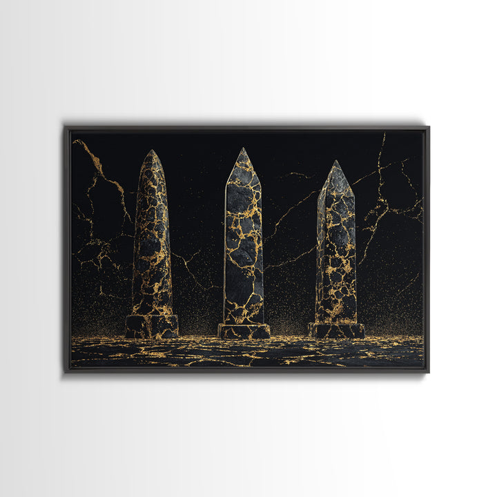 Black And Gold Cracked Obelisks Wall Art, Abstract African Art, Luxury Canvas Decor, Modern Textured Statement Wall Decor