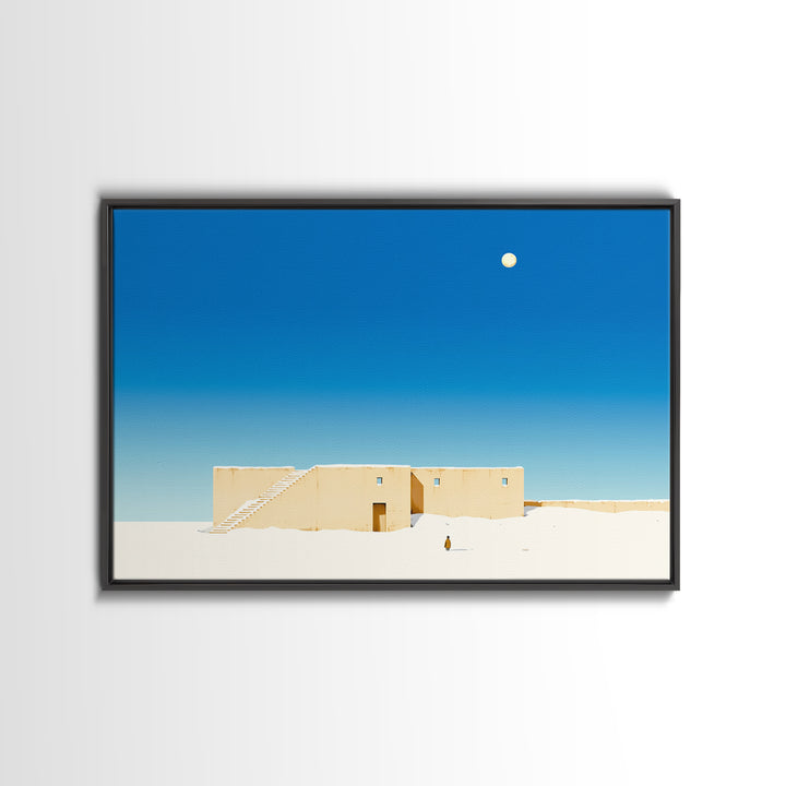 Minimalist Adobe Desert House Canvas Print, Blue Sky Architecture, Beige Wall Art, Modern Southwestern Style Home Decor Gift