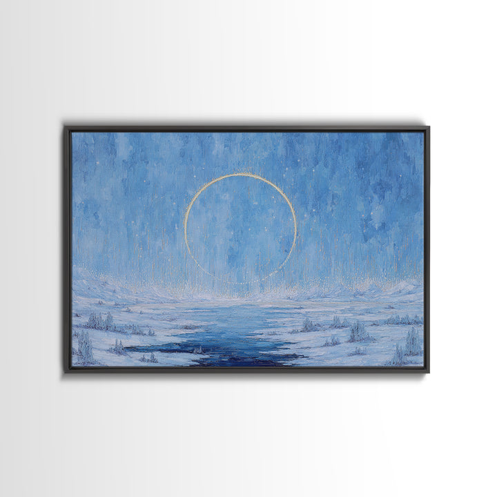 Blue Frozen Lake With Golden Ring Wall Art, Dreamy Landscape, Modern Canvas Art, Textured Blue Home Decor, Spiritual Gift