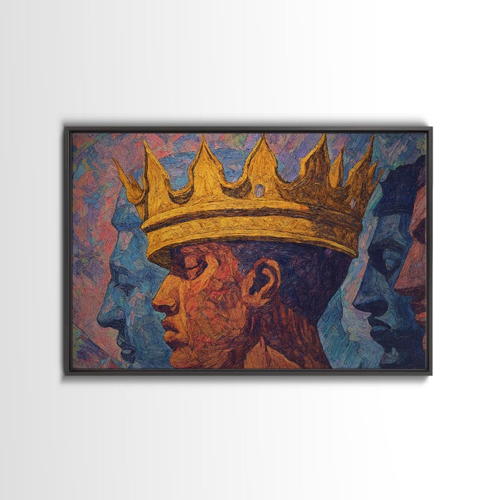 Crowned African King Portrait With Blue Spirit Faces Wall Art, Afrocentric Black History Gift, African American Art Decor