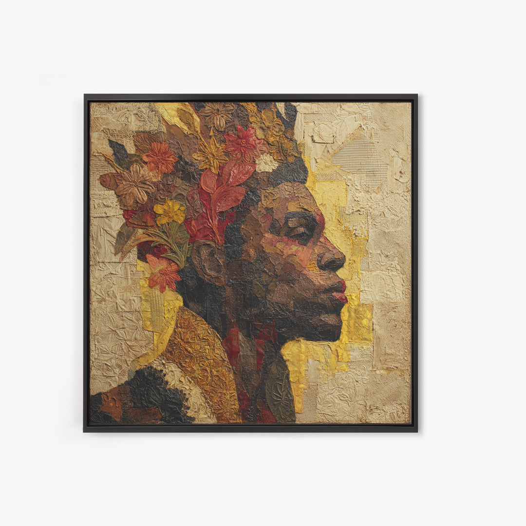 Expressive Portrait with Ornate Floral Background and Canvas Print, African Inspired Art, Fine Art Print, Living Room Decor, AIA-1x1-29