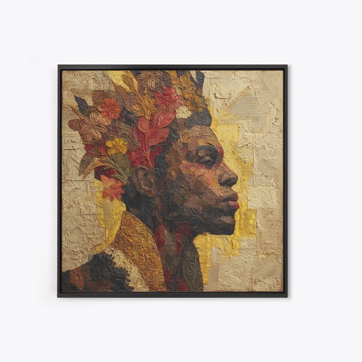 Expressive Portrait with Ornate Floral Background and Canvas Print, African Inspired Art, Fine Art Print, Living Room Decor, AIA-1x1-29