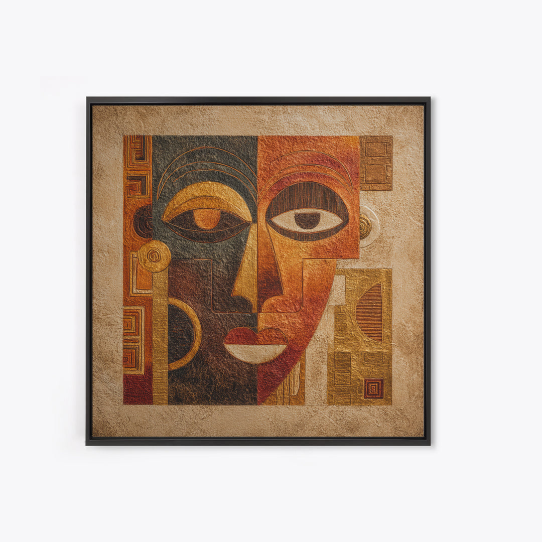Minimalist African Line Art Faces on Parchment Canvas Print, African Inspired Art, African Wall Art, Living Room Decor, AIA-1x1-34