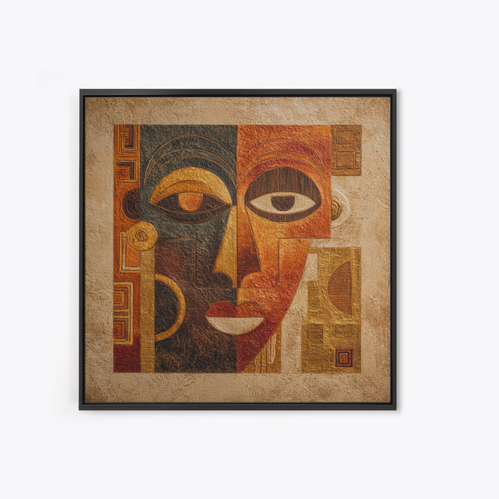 Minimalist African Line Art Faces on Parchment Canvas Print, African Inspired Art, African Wall Art, Living Room Decor, AIA-1x1-34