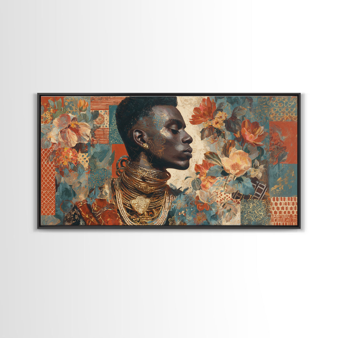 Expressive Portrait with Ornate Floral Background and Canvas Print, African Inspired Art, Abstract Art, Living Room Decor, AIA-2x1-49