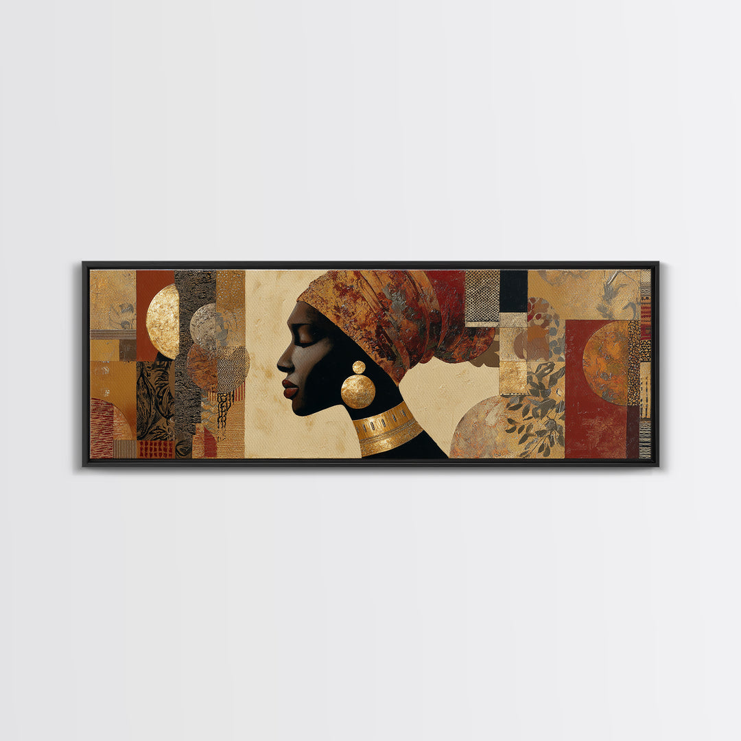 Regal African Queen Portrait Framed Canvas Print, African Inspired Art, Digital Art Prints, Living Room Decor, Oil Painting, AIA-3x1-17