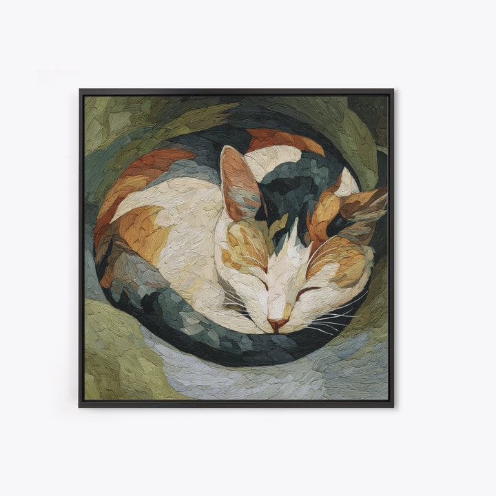 Sleeping Cat Curled Framed Canvas Print, Animal Art, Wall Decor, Living Room Decor, Fine Art, Creature, Nursery Wall Art, ANI-1x1-12