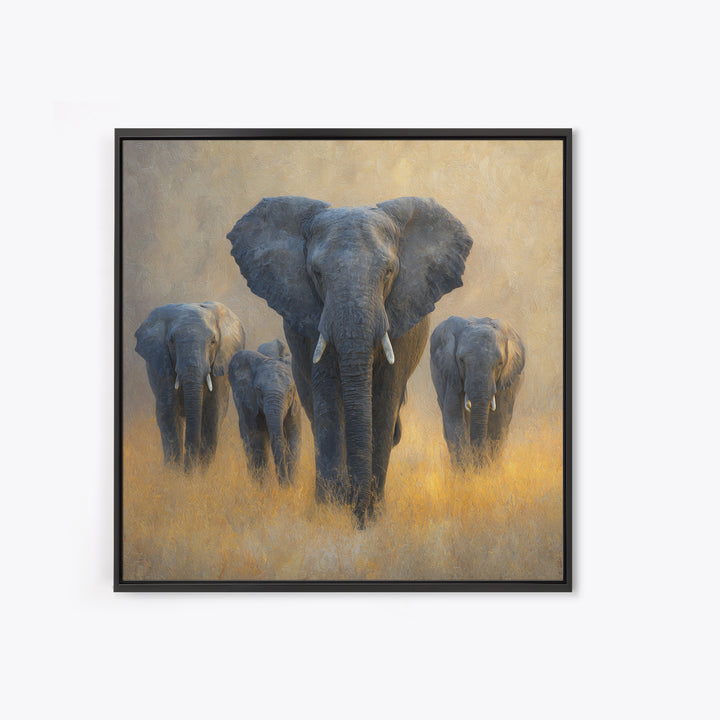 Elephant Family Walking Through Dusty Golden Light Canvas Print, Animal Art, Living Room Decor, Creature, Fine Art Print, ANI-1x1-14