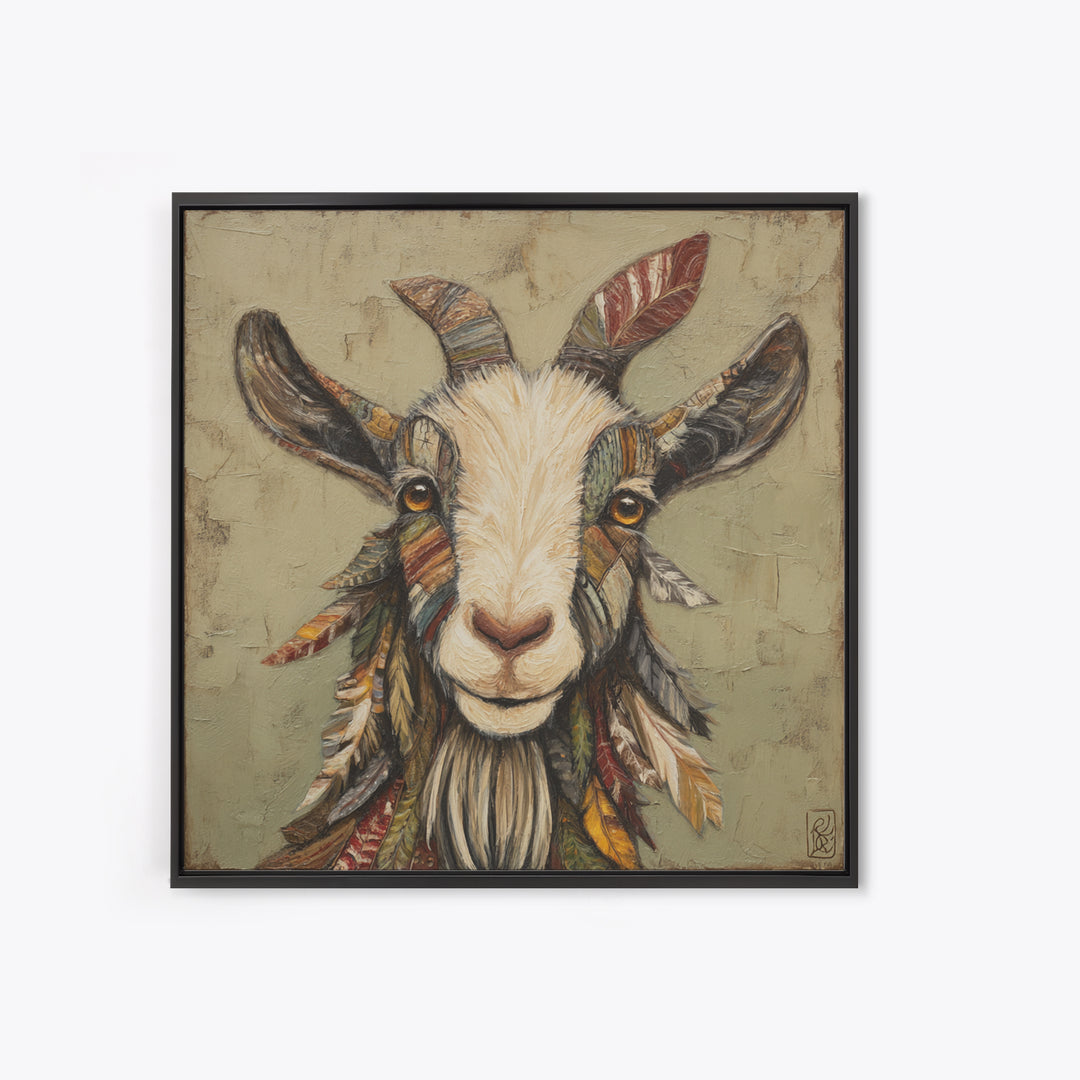 Goat Portrait with Rustic Folk Art Personality Framed Canvas Print, Animal Art, Cat Art, Living Room Decor, Fine Art, Creature, ANI-1x1-21