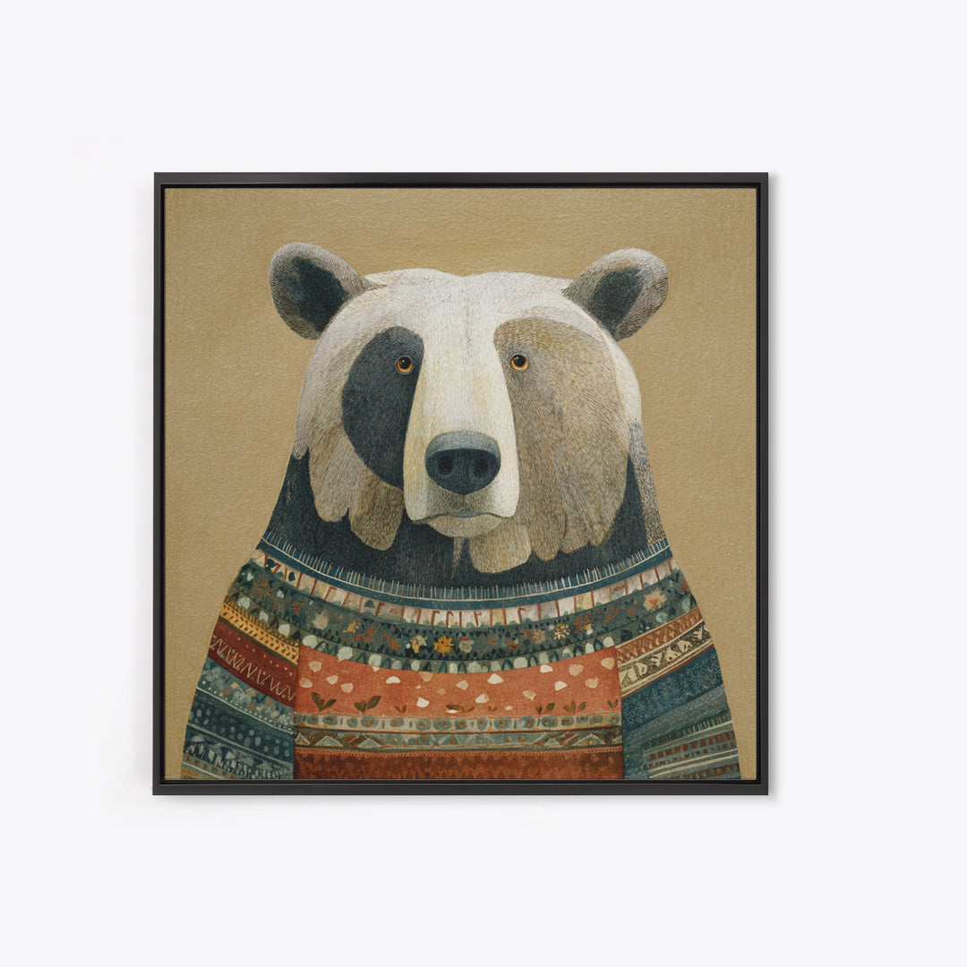 Whimsical Bear in a Patterned Sweater with Canvas Print, Animal Art, Modern Wall Art, Living Room Decor, Fine Art, Creature, ANI-1x1-26