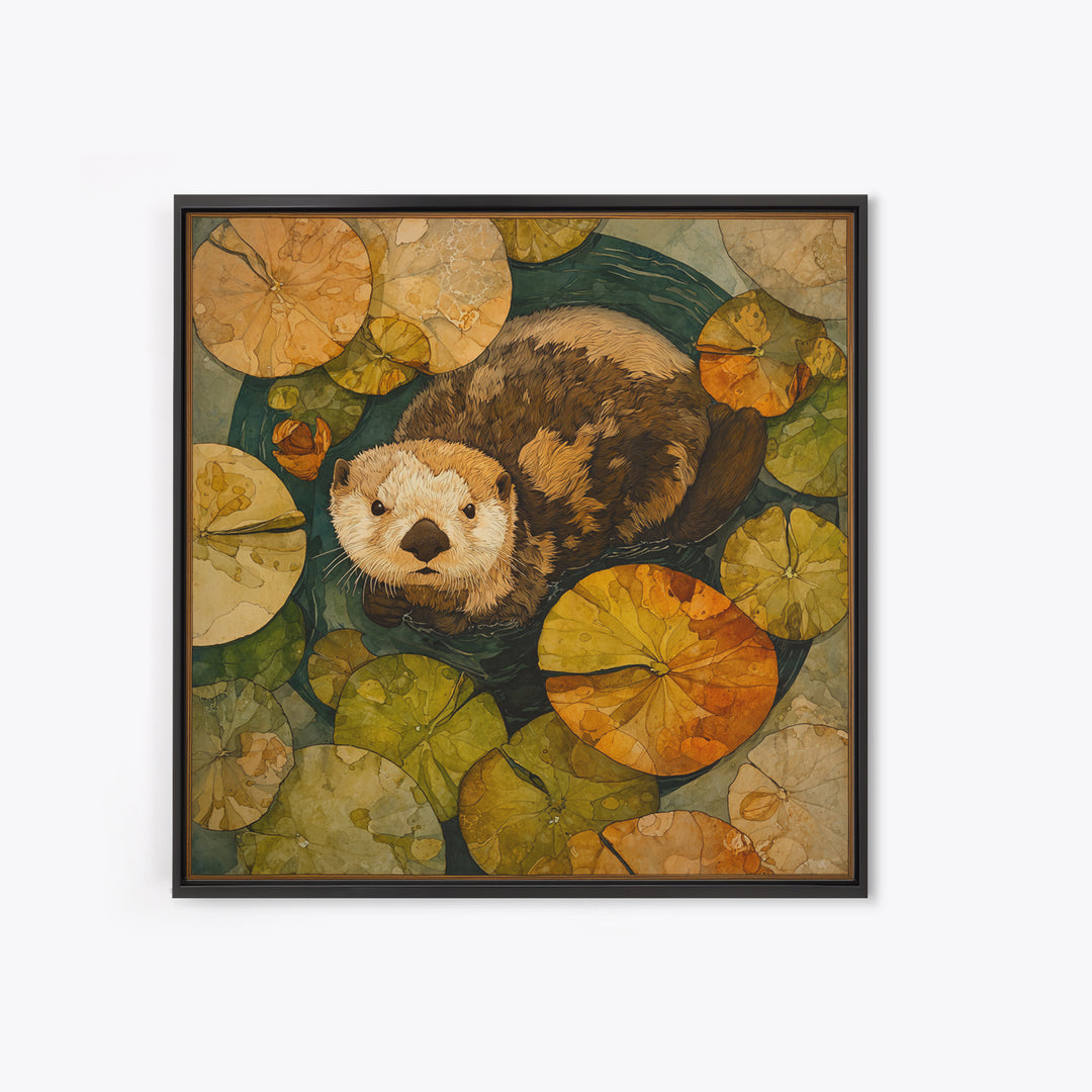 Playful Otter Floating Among Lily Pads Framed Canvas Print, Animal Art, Gallery Decor, Living Room Decor, Fine Art, Creature, ANI-1x1-32