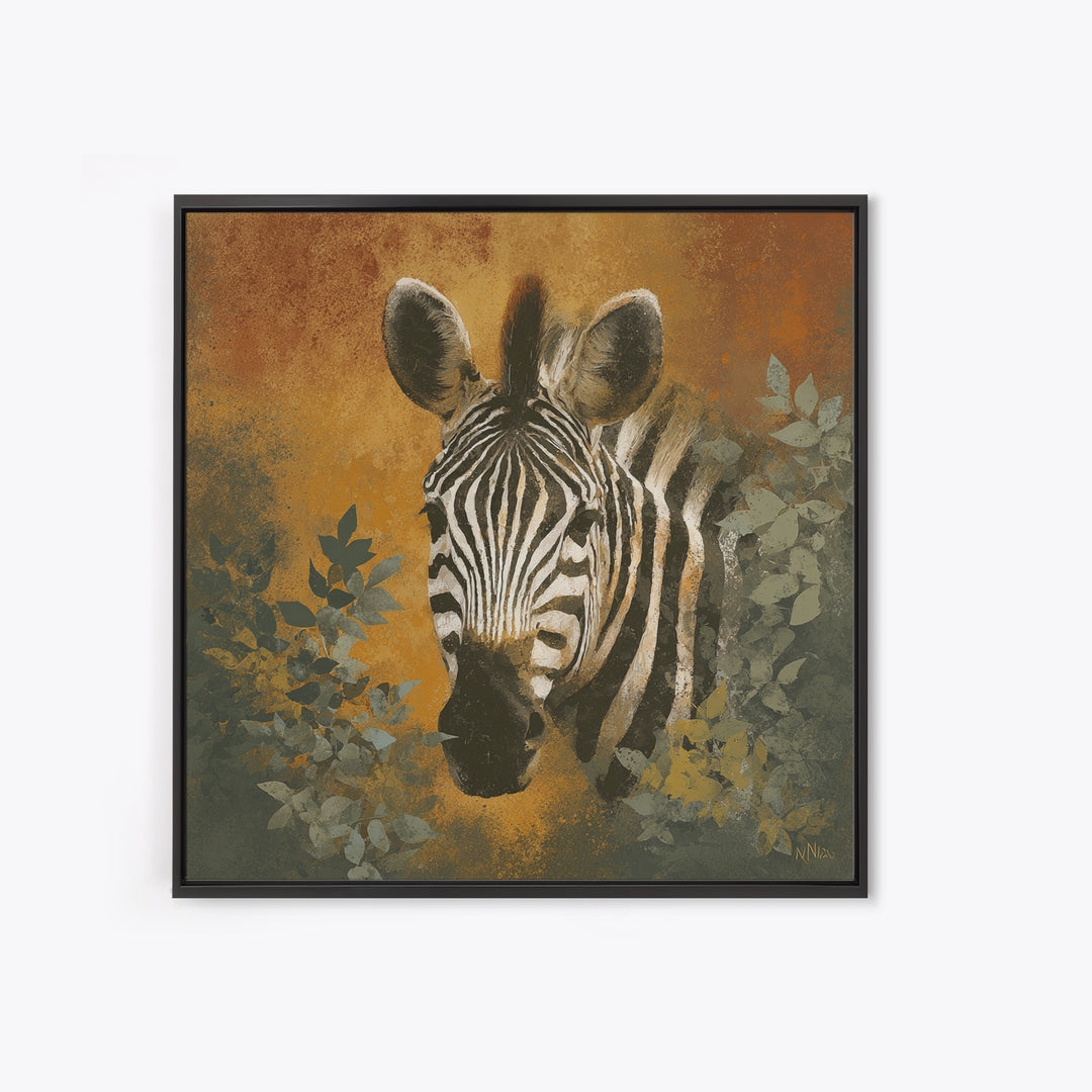 Zebra Portrait with Bold Graphic Stripe Pattern Framed Canvas Print, Animal Art, Gallery Decor, Living Room Decor, Creature, ANI-1x1-41
