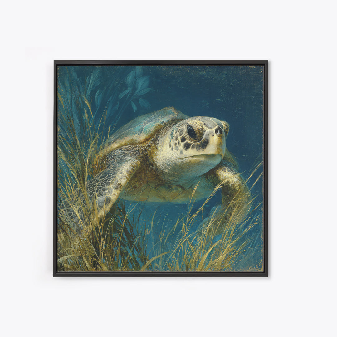 Sea Turtle Drifting Through Luminous Blue Water Canvas Print, Animal Art, Boho Wall Art, Living Room Decor, Creature, ANI-1x1-42