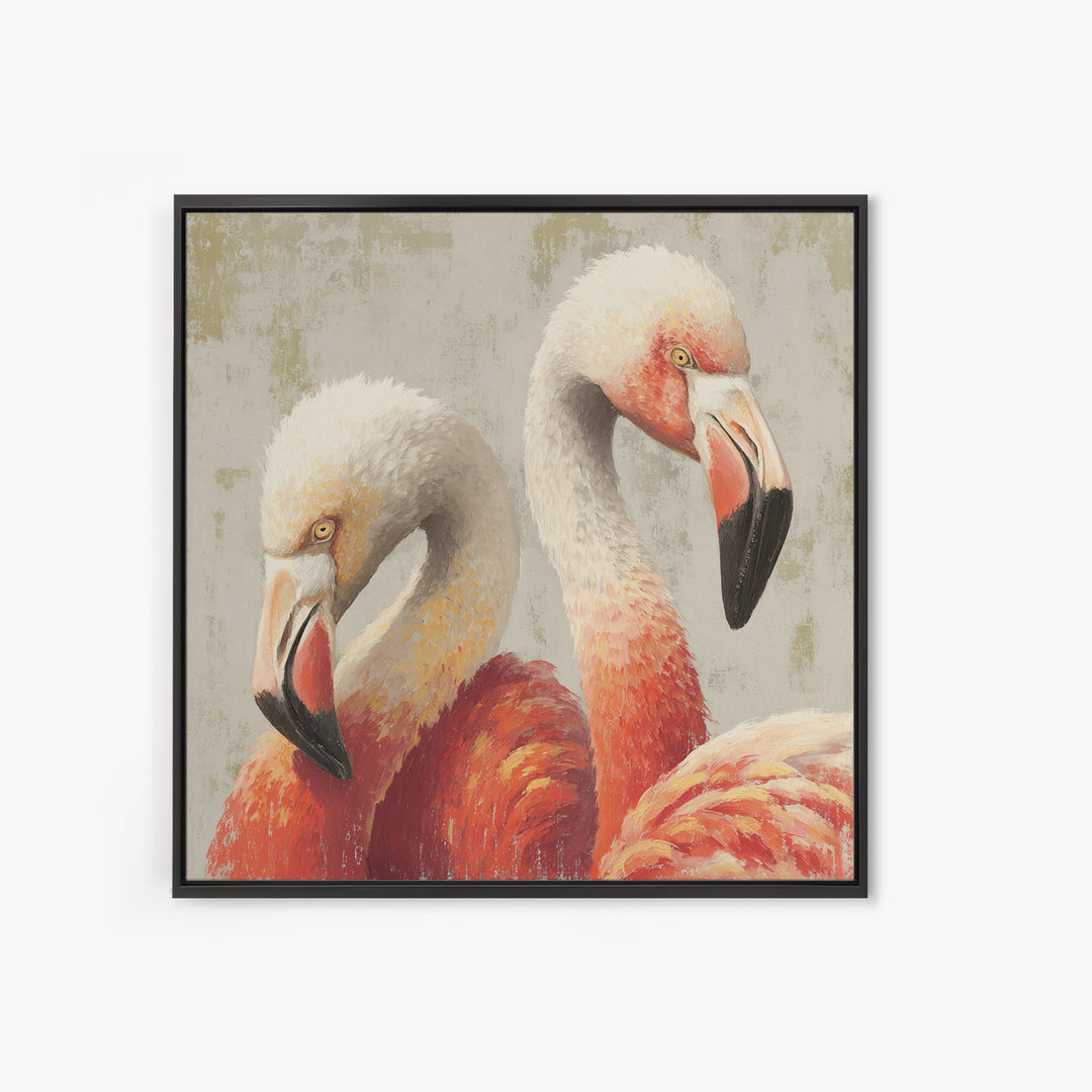 Flamingo Pair in Elegant Coral and Cream Framed Canvas Print, Animal Art, Farmhouse Decor, Living Room Decor, Oil Painting, ANI-1x1-43